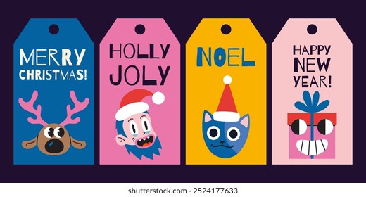 Festive gift tags and cards. Comic groovy characters, Santa Claus, reindeer, cat and holiday attributes. Trendy modern vector illustration in bright colors, flat design