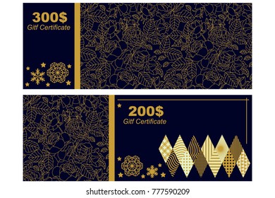 Festive gift voucher template. Golden ornaments and flourish print on black background. Design for certificates, coupons, banners.