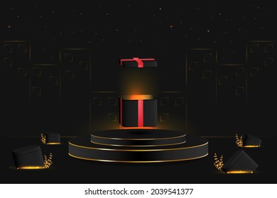  Festive gifts, with one box open and shining on the podium. City background and sky full of stars