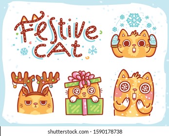 Festive ginger Cat character collection in winter outfit. Hand drawn holiday illustrations in cartoon, doodle style for New Year and Christmas. Part 2 of 6