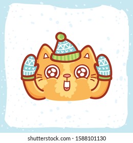 Festive ginger Cat character in cute knitted mittens and hat with smiling, adorable, wonder emotion. Hand drawn holiday illustration in cartoon, doodle style for New Year and Christmas