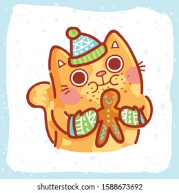 Festive ginger Cat character in cute knitted mittens and hat eating holiday cookie. Hand drawn holiday illustration in cartoon, doodle style for New Year and Christmas