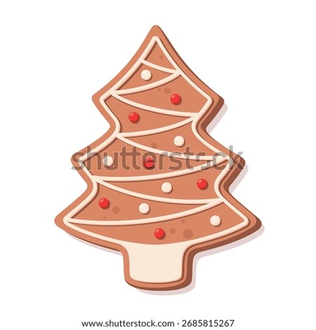 Festive gingerbread cookie in form of christmas tree decorated of sugar icing . Vector illustration isolated on a white background.	