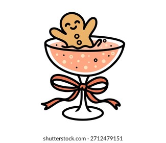 Festlicher Lebkuchen-Keks, der in funkelndem Champagnerglas mit Schleifenbogen sitzt, fröhliches Urlaubsdessertkonzept im hellen, verspielten Winterfeierstil. Vektorgrafik.