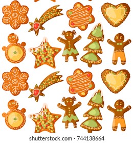 Festive Gingerbread Cookies. Christmas tradition. Seamless background pattern. Vector illustration
