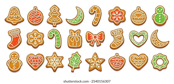 Festive Gingerbread Cookies, Christmas Trees, Candy Canes, And Snowflakes. Cartoon Set Of Vector Cookies Decorated