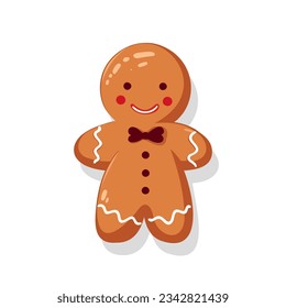 Festive gingerbread cookies. Cookies in the shape of a man with colored icing. Happy new year decoration in flat style. Vector illustration