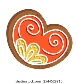 Festive gingerbread heart cookie with vibrant orange and yellow icing. Isolated on white. Seasonal baking, and decorations. Perfect for christmas cards, ads, and backgrounds. Noel, xmas, yule