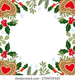 Festive gingerbread hearts surrounded by holiday greenery and winter elements during the Christmas season