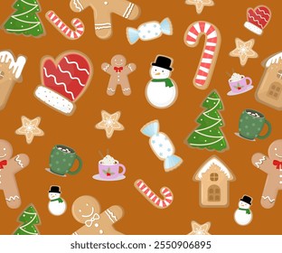 Festive Gingerbread and Holiday Treats Pattern with Snowmen and Candy Canes on a Warm Brown Background