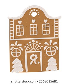 Festive gingerbread house illustration with decorative icing details, heart-shaped windows, wreath. Vector hand drawn drawing isolated on white background