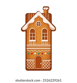 Festive gingerbread house with snowy roof and chimney flat color vector object. Christmas holiday homemade pastry dessert illustration on white