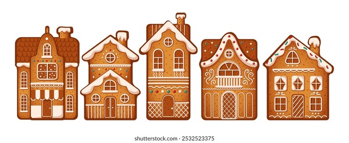 Casas festivas de pan de jengibre adornadas con glaseado conjunto de objetos vectoriales de color plano. Dulces golosinas de honor de Navidades ilustraciones de vacaciones en blanco