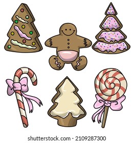 Festive gingerbread with icing and sweets for the design of postcards and invitations. Vector illustration on a white background