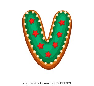 Festive gingerbread letter V decorated with green icing, red stars and white dots. Cartoon vector Christmas holiday typography font, xmas typeface, abc new year type, English pastry, biscuit alphabet