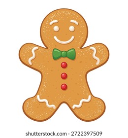Una galleta de hombre de jengibre festiva decorada con glaseado y una pajarita verde, perfecta para temas de vacaciones.