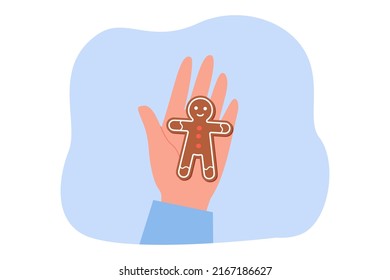 Festive gingerbread on human hand flat vector illustration. Christmas cookie with glaze, holiday sweet treats, cooking concept for banner, website design or landing web page