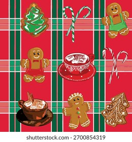 Festive gingerbread pattern combined with classic Christmas tartan plaid. A seamless holiday design perfect for gift wrap, textiles, winter decor, stationery, and seasonal creative projects.