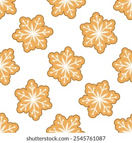 Festive gingerbread snowflake cookie with icing decoration, seamless pattern, holiday dessert illustration in flat style.