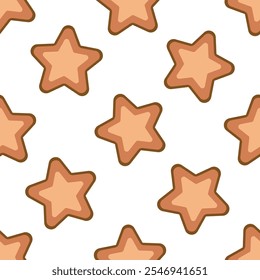 Festive gingerbread snowflake cookie with icing decoration, seamless pattern, holiday dessert illustration in flat style.