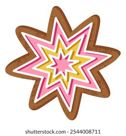 Festive gingerbread star cookie with pink and yellow icing, perfect for holiday celebrations. Isolated on white. Seasonal baking, and decorations. Perfect for christmas cards, ads, and backgrounds.