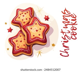 Festive gingerbread star cookies cartoon vector icon isolated on white background. Stack of delicious gingerbread cookies cut into star shapes. The cookies are decorated with red frosting 