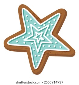 Festive gingerbread star-shaped cookie with intricate icing details in soft blue and white tones. Perfect for holiday themes, Christmas baking projects, seasonal designs, and cozy winter celebrations.