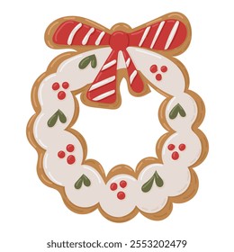 Galleta festiva de corona de jengibre con glaseado, decoraciones de acebo y un lazo de rayas rojas. Perfecto para proyectos de temática navideña, tarjetas de vacaciones y diseños de temporada. Dibujo de Vector sobre fondo blanco