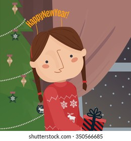 Festive Girl Celebrating Christmas. Vector Illustration
