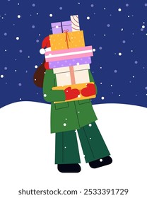 Festive Girl in Green Jacket Carrying Gifts in the Snow. Winter Night Scene with Christmas Hat, Scarf, and Snowflakes. Flat Design Illustration of Holiday Spirit for Christmas and New Year Celebration