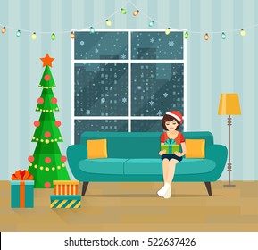 Festive  girl opening a gift at home in the living room. Christmas room interior with Christmas tree, sofa, gifts and decoration. Vector flat illustration