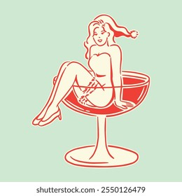 A festive girl in a Santa outfit sitting playfully in a martini glass, perfect for holiday designs.