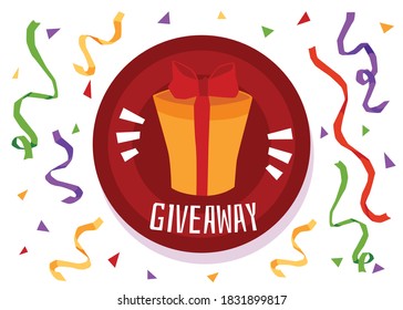 Festive giveaway poster with yellow gift box with red ribbon and colorful confetti falling from above. Free prize promotion flyer - flat isolated vector illustration