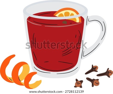 A festive glass mug filled with deep red mulled wine, garnished with a bright orange slice and surrounded by whole cloves and orange zest.