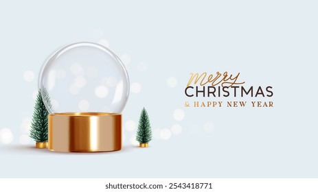 Festive glass snow globe with golden base and miniature fir trees on light blue background. Merry Christmas and Happy New Year greeting text. Realistic 3d design. vector illustration