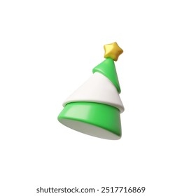 Festive glass snow-covered green Christmas tree with a gold star. Realistic 3D object. Render. Symbol of the New Year. Decorative design element. Cartoon style. Vector illustration on white background