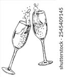 festive glasses of champagne with splashes. vector illustration in sketch style. celebration, new year, wedding