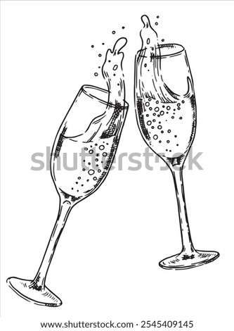 festive glasses of champagne with splashes. vector illustration in sketch style. celebration, new year, wedding