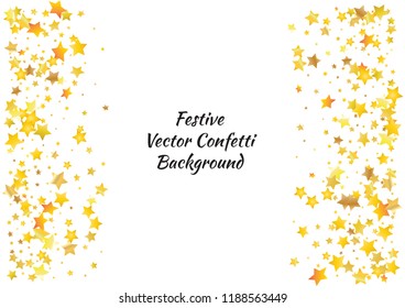 Festive glitter gold star confetti background. Abstract frame confetti texture for holiday, postcard, poster, website, carnivals, birthday and children's parties. Cover confetti mock-up. Wedding card 