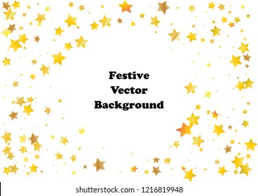 Festive glitter gold star confetti background. Abstract frame confetti texture for holiday, postcard, poster, website, carnivals, birthday and children's parties. Cover confetti mock-up. Wedding card 