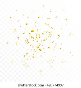 Festive glittering gold confetti falling. Isolated on white transparent background. Vector illustration, eps 10.