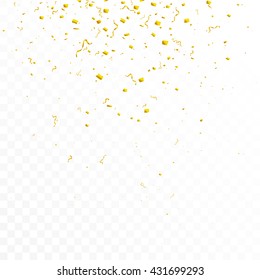 Festive glittering gold confetti falling. Isolated on white transparent background. Vector illustration, eps 10.