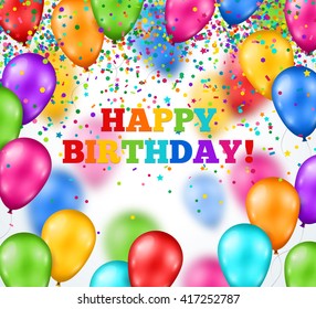 Festive Glossy Multicolor Balloons on White Background. Vector illustration. Happy Birthday Backdrop. Falling Colorful Confetti, small sequins salute.