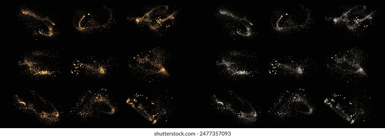 Festive glow effect gold glitter confetti and white color splatter splash texture design set