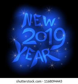 Festive glowing blue new year inscription On black background with shimmer. Vector illustration.