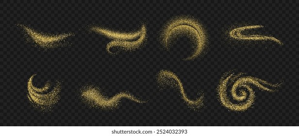 Festive glowing dust, realistic set of gold luminous particles. Vector isolated collection of magical shimmer or flying cloud in radiant powder. Sparkling specks for winter holidays decorations