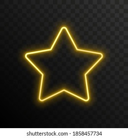 Festive glowing star. Yellow star with neon illumination isolated on a dark transparent background. Vector illustration.