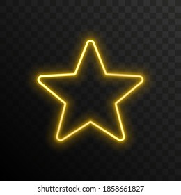 Festive glowing star. Yellow star with neon illumination isolated on a dark transparent background. Vector illustration.