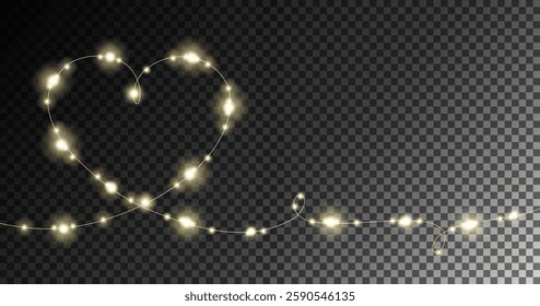Festive Glowing String Lights forming a heart shape on a transparent background, perfect for romantic designs, wedding invitations, Valentine's Day, festive decorations, and digital artwork.Vector 