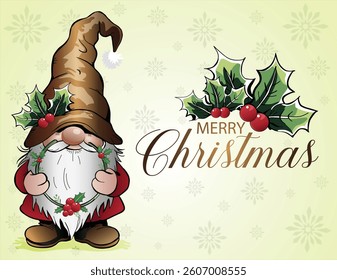 A festive gnome dressed in brown and red spreading warm seasonal greetings.